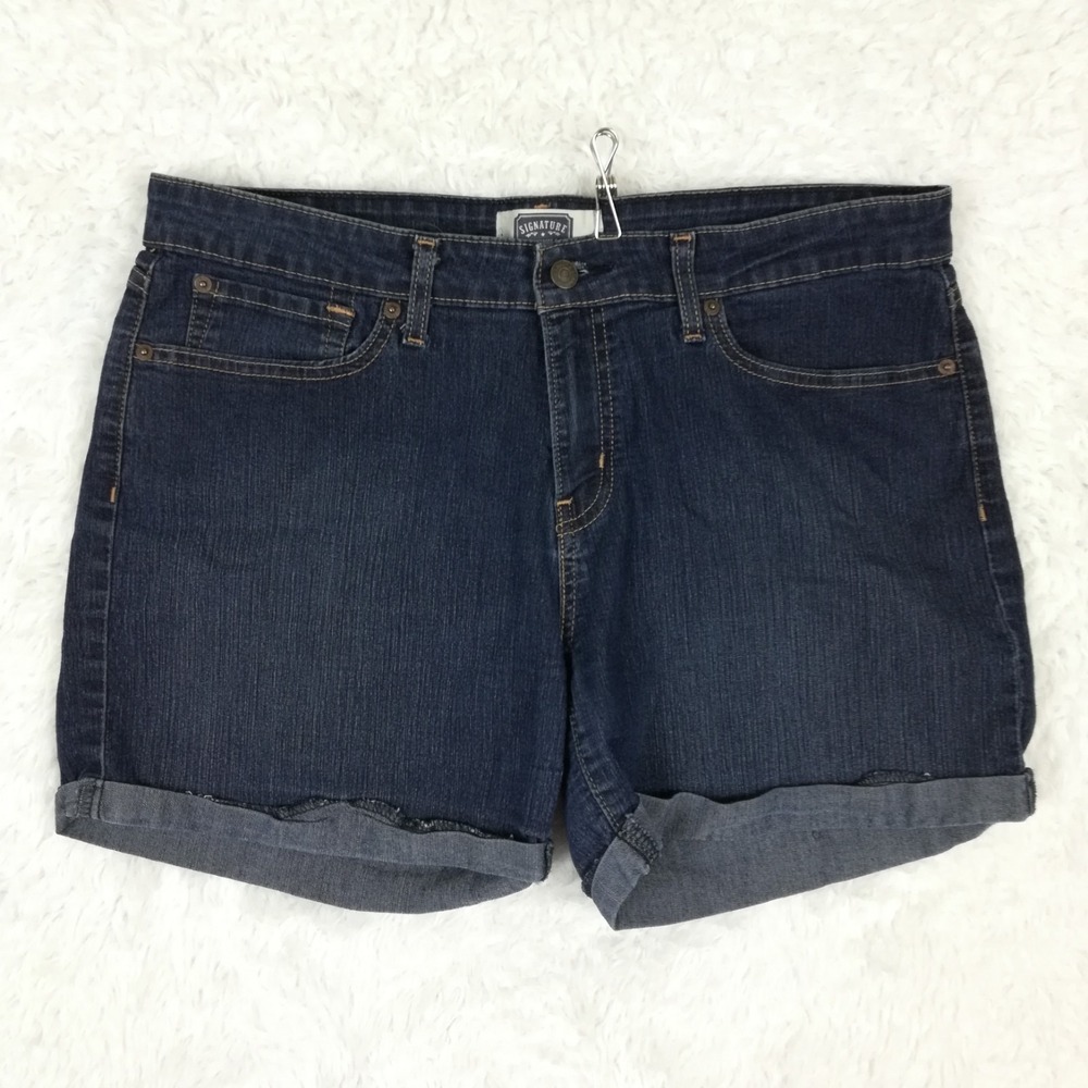 Signature Levi Strauss Womens Shorts Blue Denim Dark Wash Cuffed Mid Rise 16